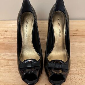 ANTONIO MELANI Black Bow Animal Print Peep-Toe Heels